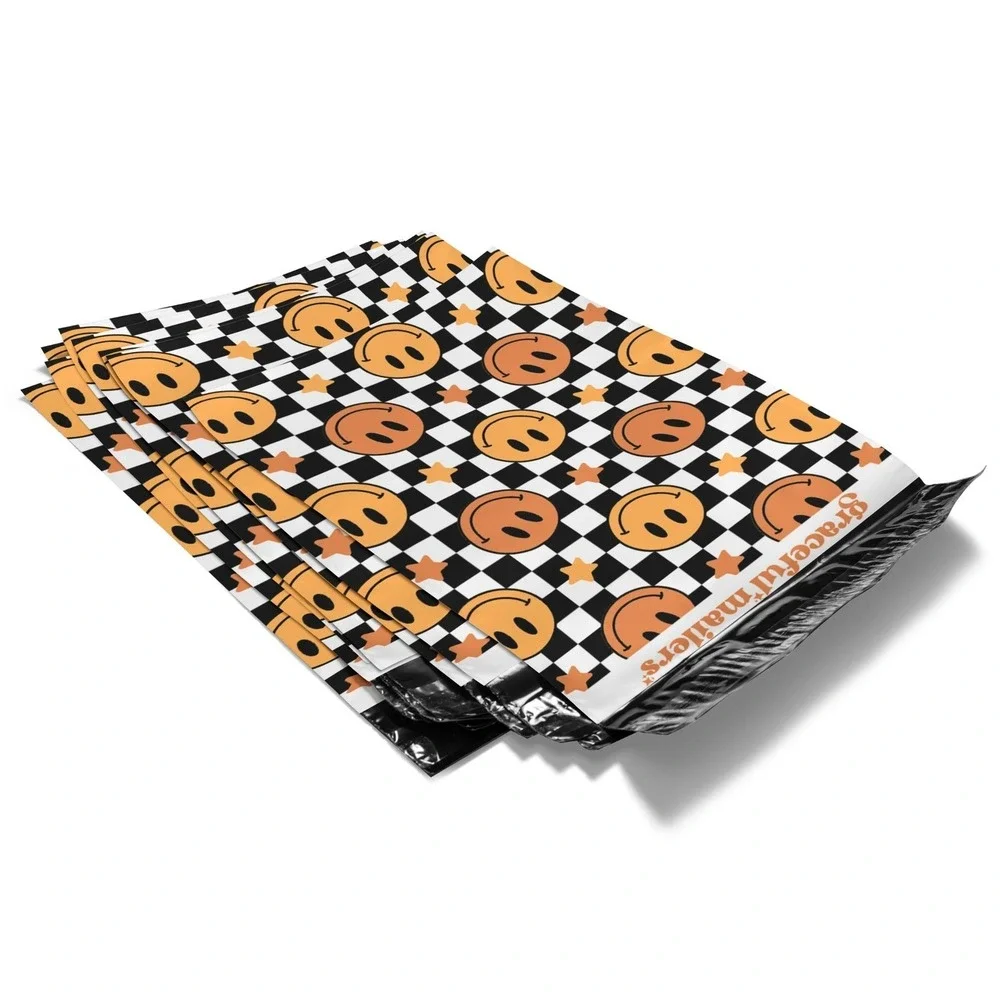 Checkered Smiley Faces Poly Mailers 10x13 Inch 100 Pack Shipping Supplies Orange